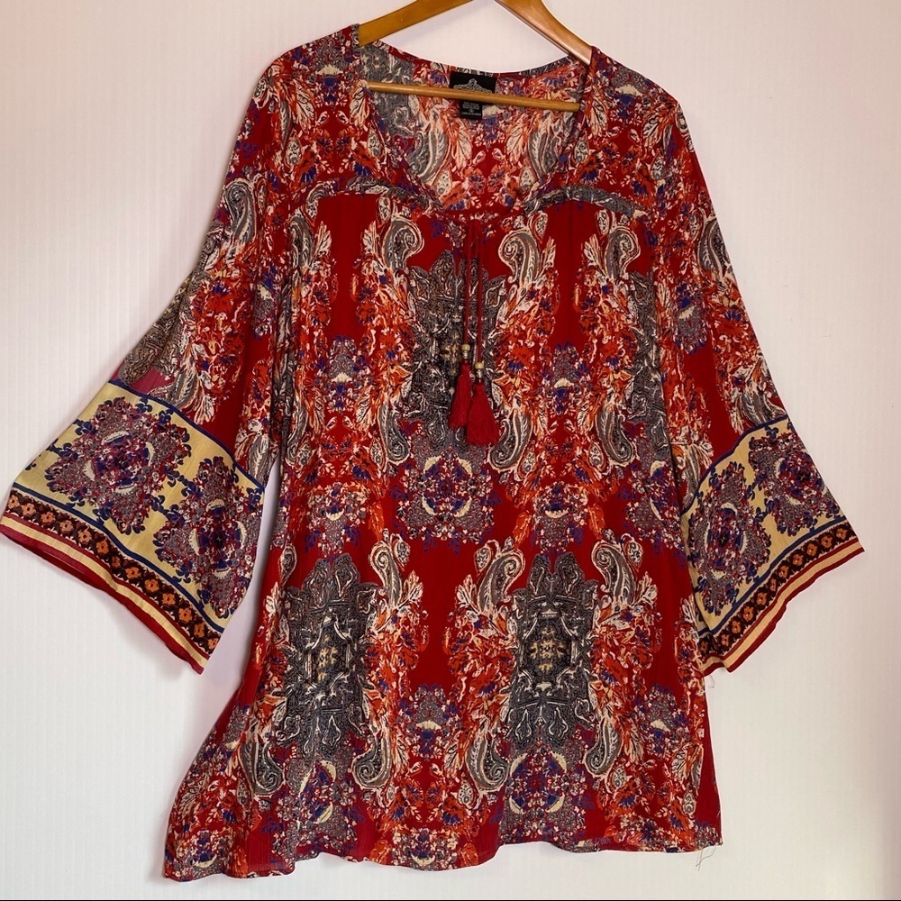Boho Peasant Dress Red Blue Multi Color Paisley Print Tassel Tie Bell Sleeves Sm